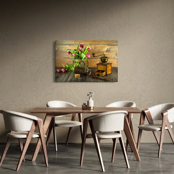 Tablou - lalele, râșniță și cafea (90x60 cm)