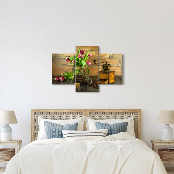 Tablou - lalele, râșniță și cafea (90x60 cm)