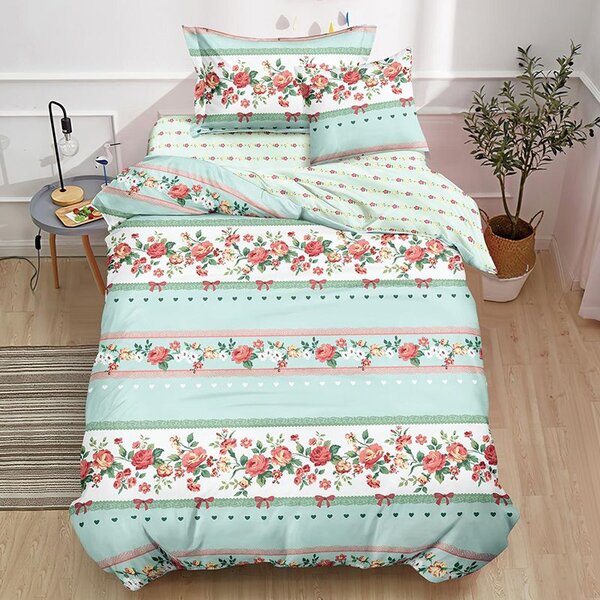 Lenjerie pat 1 Persoana, Cearsaf cu Elastic, 4 Piese, 100% Bumbac Finet, Floricele, Verde menta, PS5139