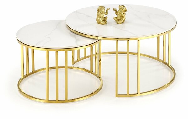 Set de măsuțe de cafea Houston 1503, Auriu, Marmură albă, Metal, 45cm, 25 kg, Asamblate parțial