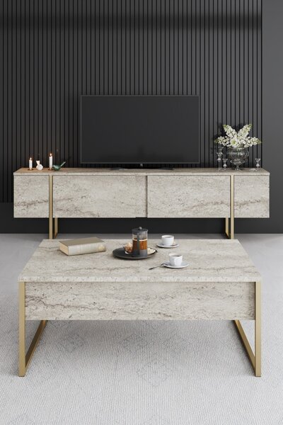Luxe travertin dohányzóasztal arany vázzal