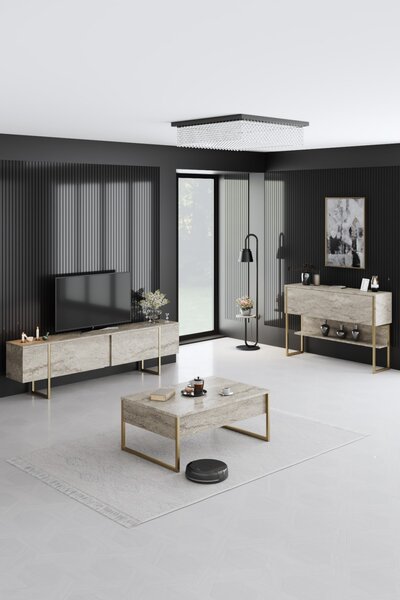 Luxe travertin dohányzóasztal arany vázzal