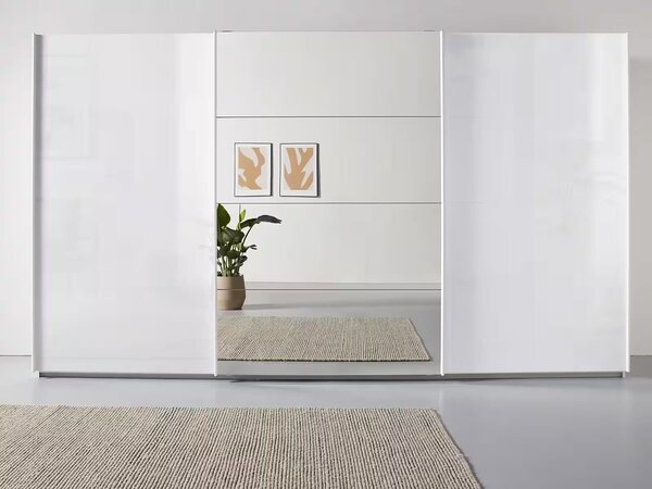 Dressing 360 cm, 3 usi glisante, oglinda pe mijloc, compartimentare premium, culoare alb lucios, 21o cm inaltime