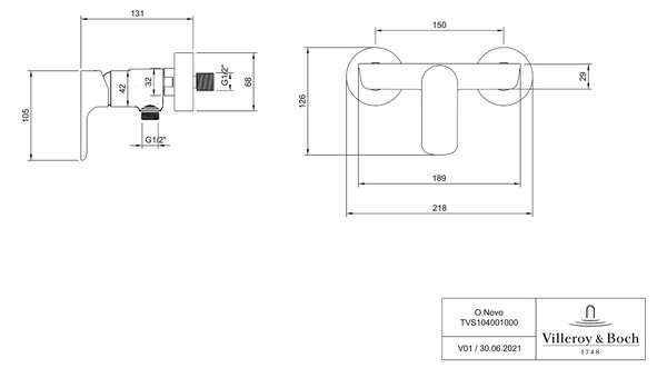 Villeroy & Boch O.Novo baterie de duș perete crom TVS10400100061