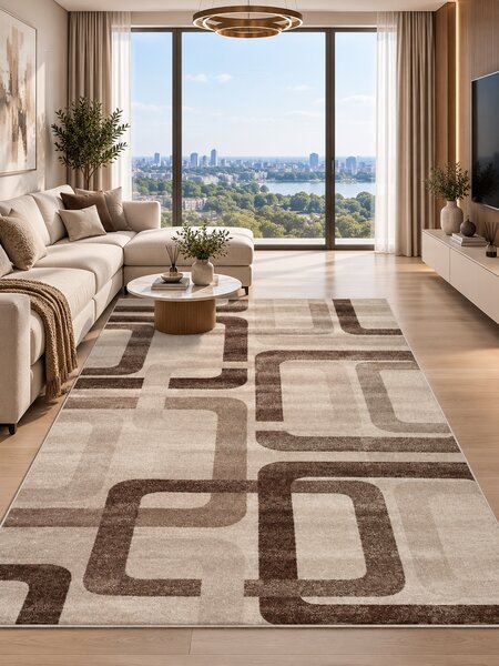 Covor Daffi 13151-130, Marime 60 x 110 cm, Crem, Maro, Inaltime Fir 6 mm, Antialergic, Polipropilena, Living, Dormitor, Sufragerie, Birou 60 x 110