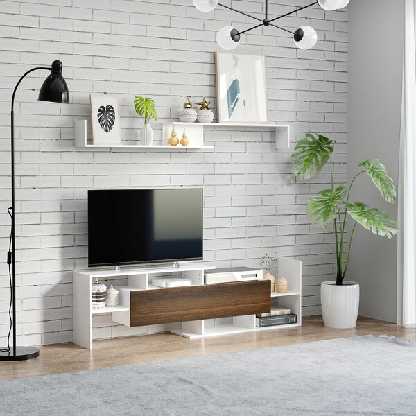 HOMCOM Dulap TV cu Poliță de Perete, Rafturi Deschise și Dulap Închis pentru Sufragerie și Dormitor, 153,6x25x42 cm, Alb | Aosom Romania