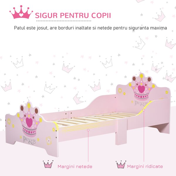 HOMCOM Pat Copii Siguranță Margini Înalte, 6 Picioare Lemn, pentru 3-6 Ani, 143x73x60cm, Roz | Aosom Romania