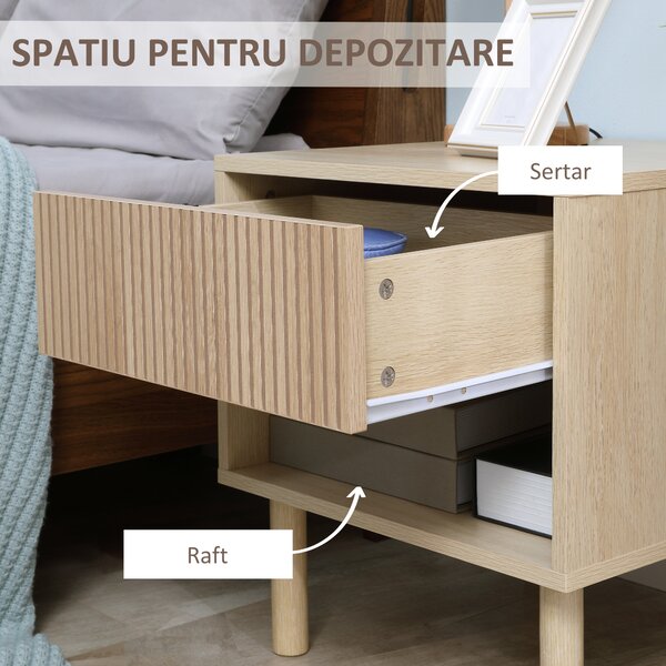 HOMCOM Noptieră cu Sertar și Raft, Măsuță Laterală, Design Natural, pentru Dormitor | Aosom Romania