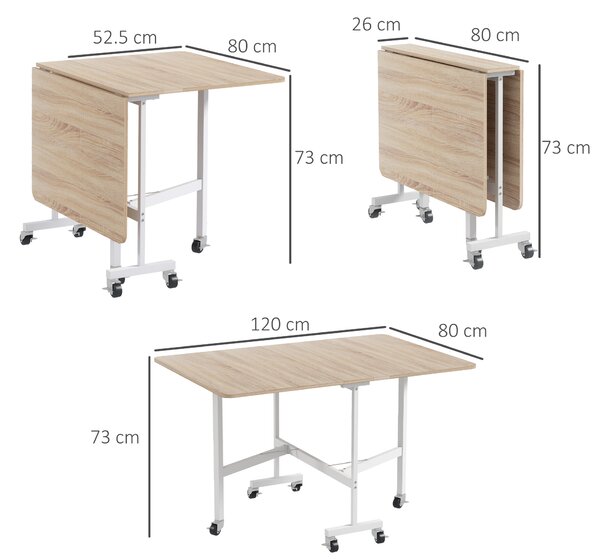 Masă pliabila cu 2 foi cu roți, masă de economisire a spațiului pentru living și bucătărie din MDF și oțel, 120x80x73cm, maro HOMCOM | Aosom Romania