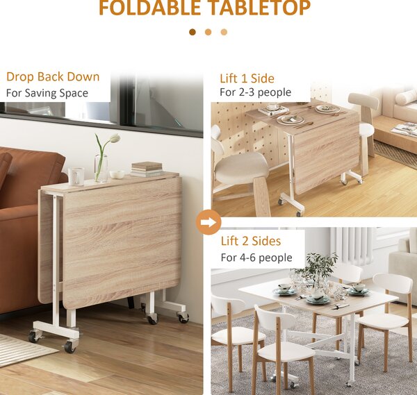 Masă pliabila cu 2 foi cu roți, masă de economisire a spațiului pentru living și bucătărie din MDF și oțel, 120x80x73cm, maro HOMCOM | Aosom Romania