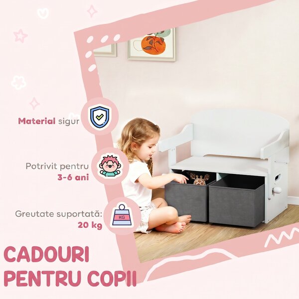 AIYAPLAY 3 în 1 Bancă Depozitare Jucării Copii 3-6 ani, Convertibilă în Masă și Scaun cu 2 Cutii, Alb | Aosom Romania