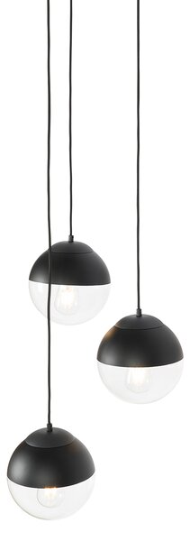 Lampă suspendată retro neagră cu sticlă transparentă rotundă cu 3 lumini - Eclipse