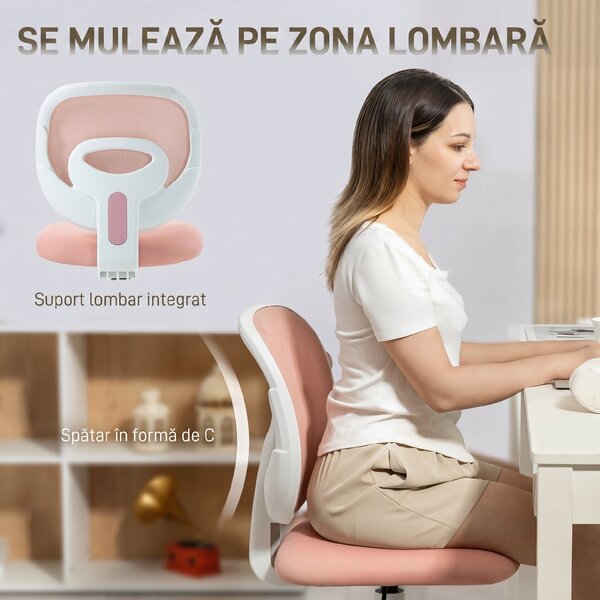 HOMCOM Scaun de Birou Ergonomic Rotativ din Material Tip Plasă Respirabil Fără Brațe, Înălțime Reglabilă, Roz | Aosom Romania