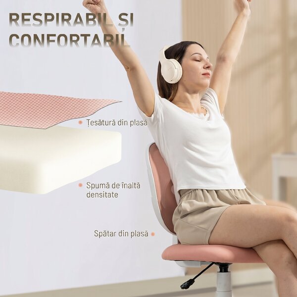 HOMCOM Scaun de Birou Ergonomic Rotativ din Material Tip Plasă Respirabil Fără Brațe, Înălțime Reglabilă, Roz | Aosom Romania