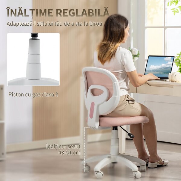 HOMCOM Scaun de Birou Ergonomic Rotativ din Material Tip Plasă Respirabil Fără Brațe, Înălțime Reglabilă, Roz | Aosom Romania