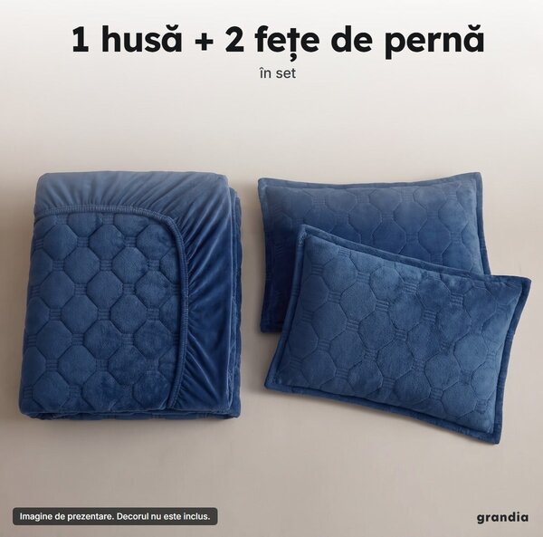 Set husă de saltea cu elastic și 2 fețe de pernă, catifea matlasată, bleumarin