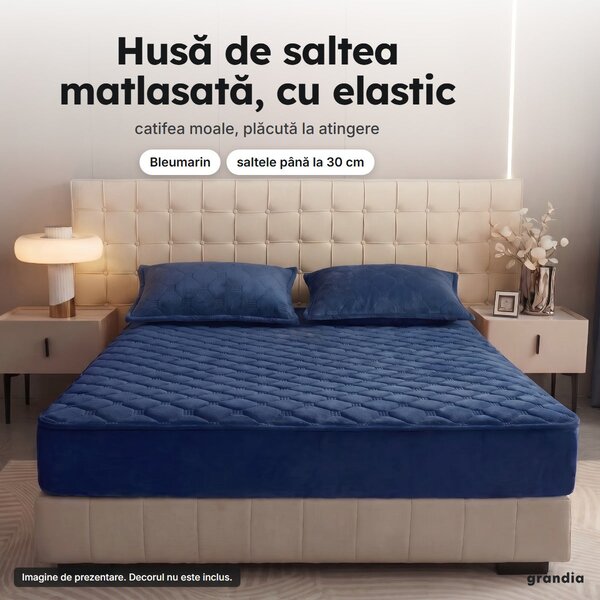Set husă de saltea cu elastic și 2 fețe de pernă, catifea matlasată, bleumarin