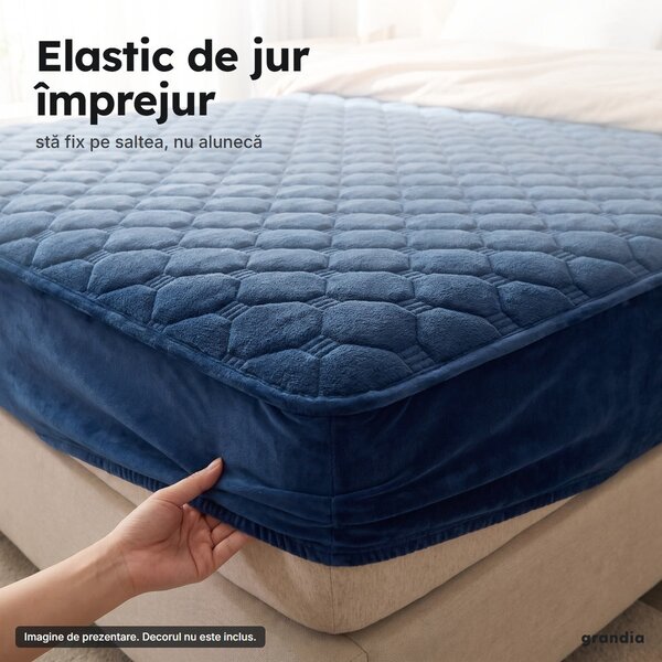 Set husă de saltea cu elastic și 2 fețe de pernă, catifea matlasată, bleumarin