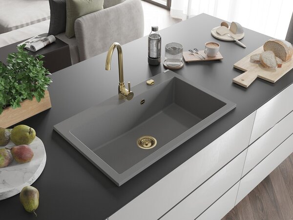 Mexen Elix, chiuvetă granit cu 1 vas 800 x 500 mm, gri, sifon auriu, 6527801005-71-G