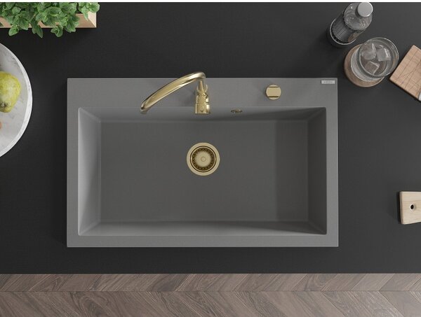 Mexen Elix, chiuvetă granit cu 1 vas 800 x 500 mm, gri, sifon auriu, 6527801005-71-G