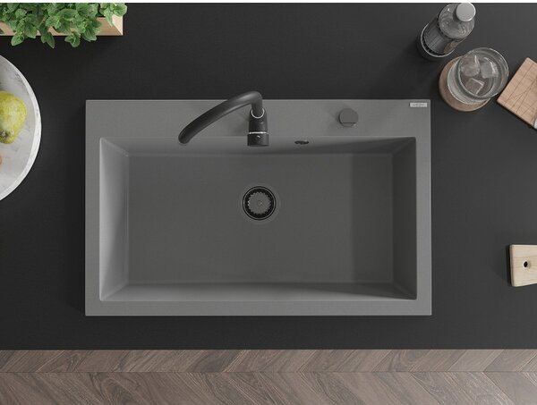 Mexen Elix, chiuvetă granit cu 1 vas 800 x 500 mm, gri, sifon negru, 6527801005-71-B