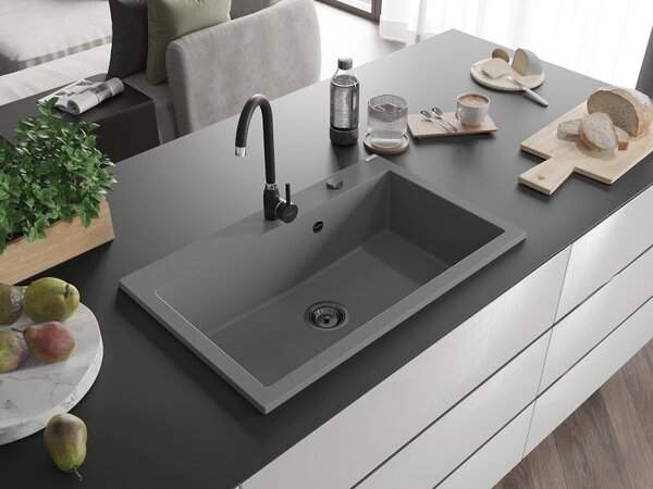 Mexen Elix, chiuvetă granit cu 1 vas 800 x 500 mm, gri, sifon negru, 6527801005-71-B