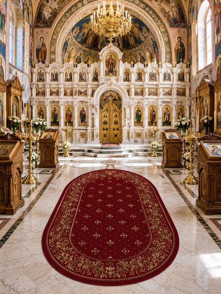 Covor Oval Bisericesc Lotos 15066-210, Marime 150 x 230 cm, Grena, Rosu, Inaltime Fir 8 mm, Antialergic, Polipropilena, Manastire, Biserica, Altar