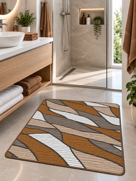 Covoras Antiderapant pentru Baie si Piscina Brown Waves V24041A, 65 × 80 cm, Absorbant, tip Burete, PVC, Maro / Bej / Gri Brown waves