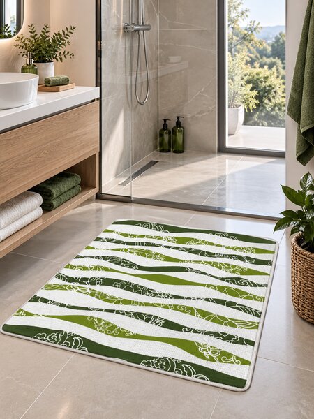 Covoras Antiderapant pentru Baie si Piscina Botanical Waves V24028D, 65 × 80 cm, Absorbant, tip Burete, PVC, Verde / Alb Botanical Waves