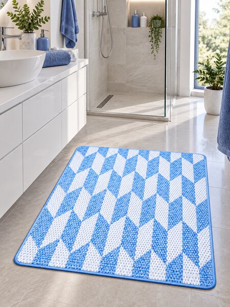 Covoras Antiderapant pentru Baie si Piscina Blue Braid V24007D, 65 × 80 cm, Absorbant, tip Burete, PVC, Albastru / Alb Blue Braid