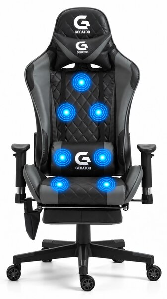 Scaun gaming, Masaj in 7 puncte, Cotiere 3D, Rabatare 90-180 grade, Sezut benzi elastice sustinere suplimentara, Suport picioare, PU, Negru/Gri