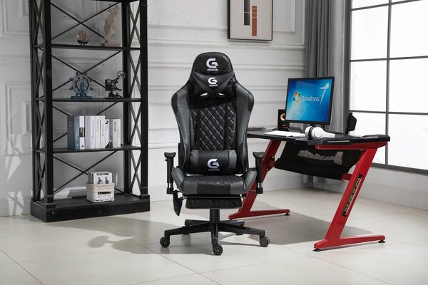 Scaun gaming, Masaj in 7 puncte, Cotiere 3D, Rabatare 90-180 grade, Sezut benzi elastice sustinere suplimentara, Suport picioare, PU, Negru/Gri