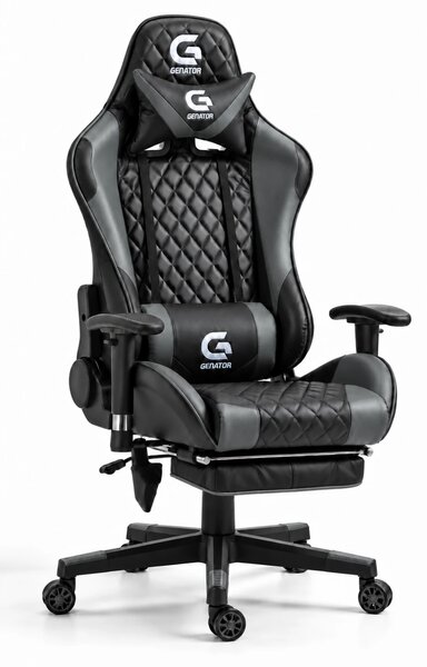 Scaun gaming, Masaj in 7 puncte, Cotiere 3D, Rabatare 90-180 grade, Sezut benzi elastice sustinere suplimentara, Suport picioare, PU, Negru/Gri