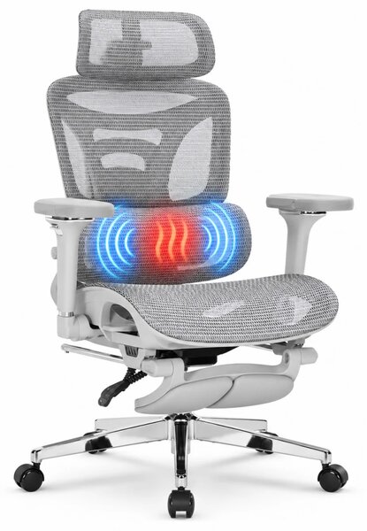 ErgoForma Relax 6D MU500 — Scaun ergonomic cu Masaj lombar și Încălzire, Spătar reglabil pe înălțime în 5 trepte, Cotiere 6D rabatabile, Tetieră 3D, Șezut culisant, Înclinare 135°, Suport pentru picioare, Mesh, Gri