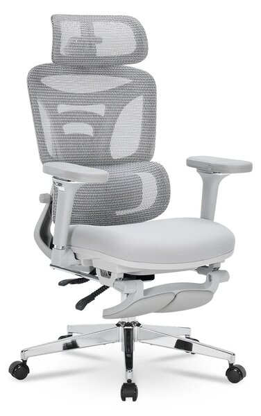 ErgoForma Relax Soft 6D MU500 — Scaun ergonomic cu Masaj lombar și Încălzire, Spătar reglabil pe înălțime în 5 trepte, Cotiere 6D rabatabilă, Tetieră 3D, Șezut cu spumă, culisant, Înclinare 135°, Suport pentru picioare, Mesh, Gri