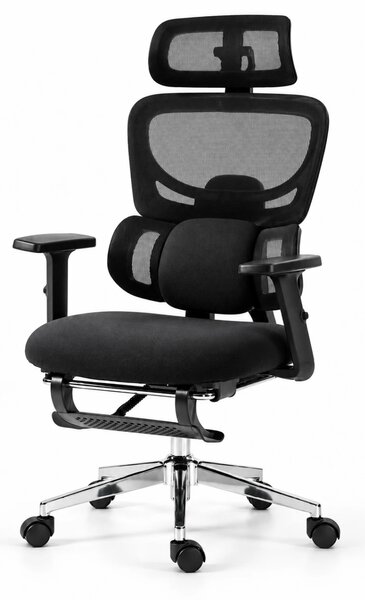 ErgoVanta — Scaun ergonomic, Spătar din Mesh, Suport lombar reglabil, Șezut buretat, Tetieră 2D, Cotiere reglabile, Mecanism cu blocare, Suport pentru picioare retractabil, Negru