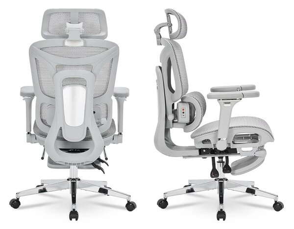 ErgoForma Relax 6D MU500 — Scaun ergonomic cu Masaj lombar și Încălzire, Spătar reglabil pe înălțime în 5 trepte, Cotiere 6D rabatabile, Tetieră 3D, Șezut culisant, Înclinare 135°, Suport pentru picioare, Mesh, Gri
