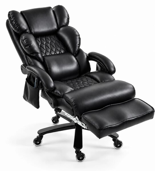 Aurelio Relax — Scaun directorial tip fotoliu, Masaj în 8 puncte, Încălzire, Reclinare 90°–155°, Suport pentru picioare, Cotiere capitonate, Piele ecologică PU, Negru