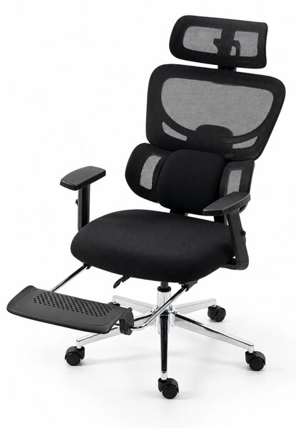 ErgoVanta — Scaun ergonomic, Spătar din Mesh, Suport lombar reglabil, Șezut buretat, Tetieră 2D, Cotiere reglabile, Mecanism cu blocare, Suport pentru picioare retractabil, Negru