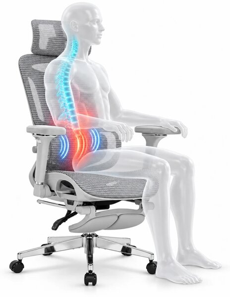 ErgoForma Relax 6D MU500 — Scaun ergonomic cu Masaj lombar și Încălzire, Spătar reglabil pe înălțime în 5 trepte, Cotiere 6D rabatabile, Tetieră 3D, Șezut culisant, Înclinare 135°, Suport pentru picioare, Mesh, Gri
