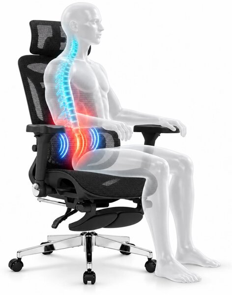 ErgoForma Relax 5D MU500 — Scaun ergonomic cu Masaj lombar și Încălzire, Spătar reglabil pe înălțime în 5 trepte, Cotiere 5D, Tetieră 3D, Șezut culisant, Înclinare 135°, Suport pentru picioare, Mesh, Negru