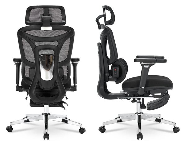 ErgoForma Relax Soft 6D MU500 — Scaun ergonomic cu Masaj lombar și Încălzire, Spătar reglabil pe înălțime în 5 trepte, Cotiere 6D rabatabilă, Tetieră 3D, Șezut cu spumă, culisant, Înclinare 135°, Suport pentru picioare, Mesh, Negru