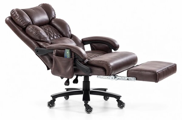 Aurelio Relax — Scaun directorial tip fotoliu, Masaj în 8 puncte, Încălzire, Reclinare 90°–155°, Suport pentru picioare, Cotiere capitonate, Piele ecologică PU, Maro