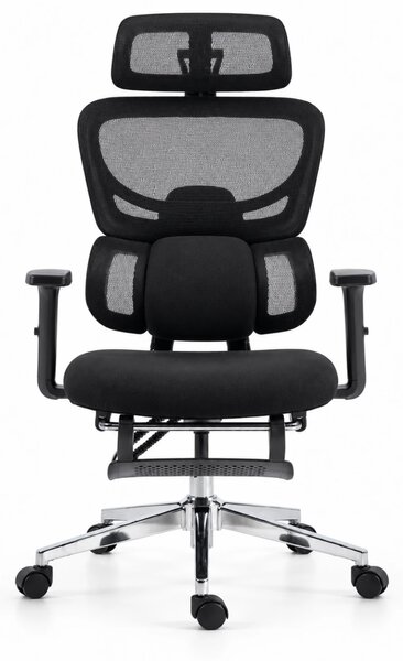 ErgoVanta — Scaun ergonomic, Spătar din Mesh, Suport lombar reglabil, Șezut buretat, Tetieră 2D, Cotiere reglabile, Mecanism cu blocare, Suport pentru picioare retractabil, Negru