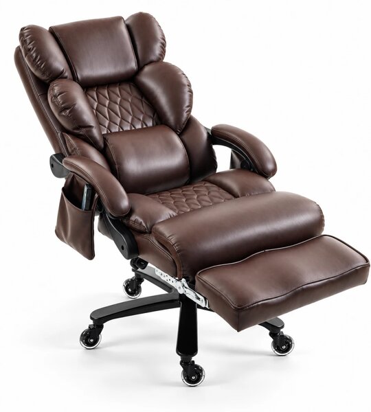 Aurelio Relax — Scaun directorial tip fotoliu, Masaj în 8 puncte, Încălzire, Reclinare 90°–155°, Suport pentru picioare, Cotiere capitonate, Piele ecologică PU, Maro