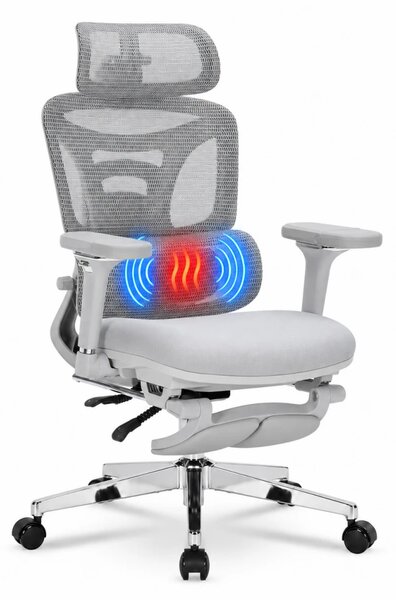 ErgoForma Relax Soft 6D MU500 — Scaun ergonomic cu Masaj lombar și Încălzire, Spătar reglabil pe înălțime în 5 trepte, Cotiere 6D rabatabilă, Tetieră 3D, Șezut cu spumă, culisant, Înclinare 135°, Suport pentru picioare, Mesh, Gri
