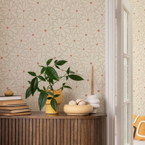 Tapet Flori mari, conturate, pe un fundal crem deschis, Tapet flori, a01234v1 : Uwalls.ro