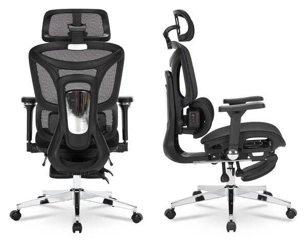 ErgoForma Relax 5D MU500 — Scaun ergonomic cu Masaj lombar și Încălzire, Spătar reglabil pe înălțime în 5 trepte, Cotiere 5D, Tetieră 3D, Șezut culisant, Înclinare 135°, Suport pentru picioare, Mesh, Negru