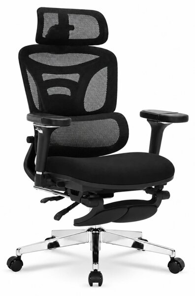 ErgoForma Relax Soft 6D MU500 — Scaun ergonomic cu Masaj lombar și Încălzire, Spătar reglabil pe înălțime în 5 trepte, Cotiere 6D rabatabilă, Tetieră 3D, Șezut cu spumă, culisant, Înclinare 135°, Suport pentru picioare, Mesh, Negru