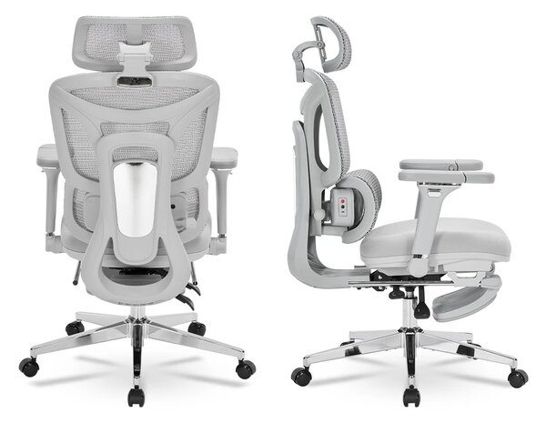 ErgoForma Relax Soft 6D MU500 — Scaun ergonomic cu Masaj lombar și Încălzire, Spătar reglabil pe înălțime în 5 trepte, Cotiere 6D rabatabilă, Tetieră 3D, Șezut cu spumă, culisant, Înclinare 135°, Suport pentru picioare, Mesh, Gri